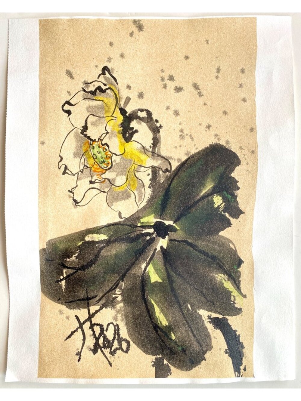 Dreamy Lotus Original Art Asian Style Sumi-e Watercolor Floral Painting on Paper